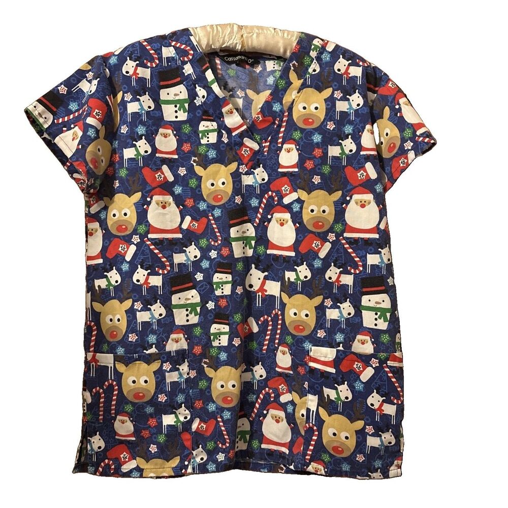 Women’s Cassandra O Christmas Scrub Top Santa Reindeer Snowman Puppies Size S